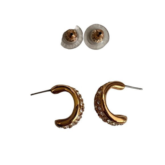 Swarovski Gold Plated Half Hoop Pierced Earrings Gold Crystals Dainty - Picture 6 of 9